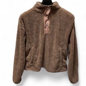Wallflower Women's Brown Sherpa Teddy Snap Pullover XL Cozy Fleece Sweater